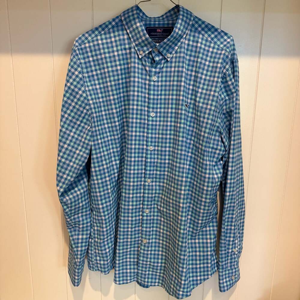 Vineyard Vines Slim Fit Whale Shirt Gingham Blue Check Button-Down XL